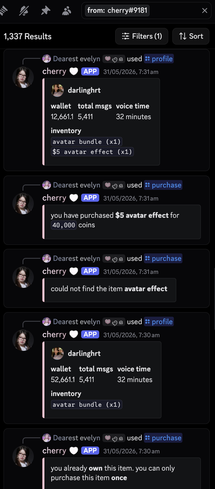 A member's profile showing their balance, rank, and combined message and voice stats.