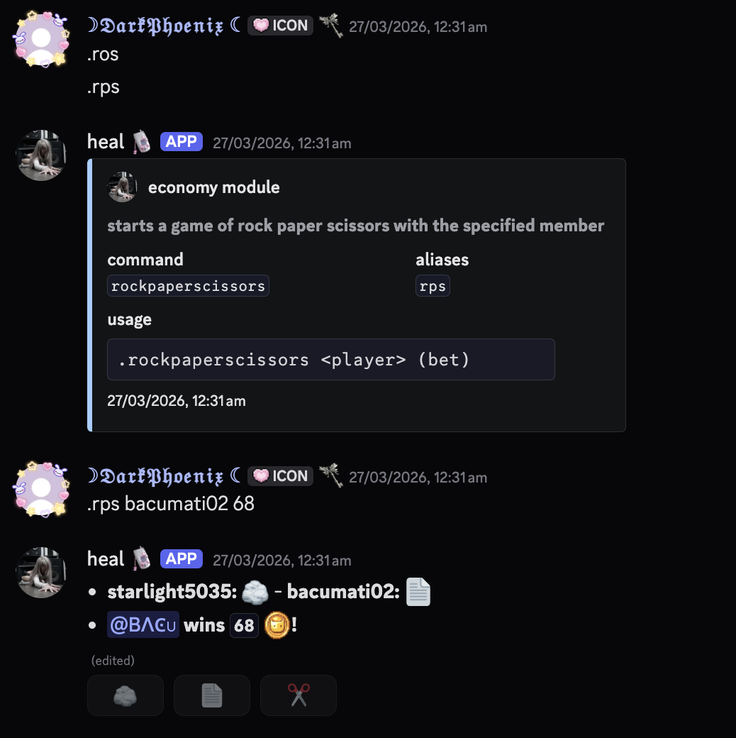 Minigames, tic-tac-toe, rock paper scissors, and connect 4. Optional bets apply.