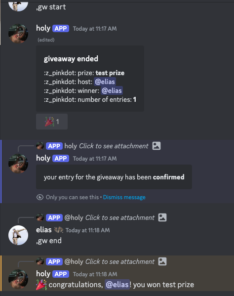 Active giveaway embed in the server. Members interact directly in Discord.